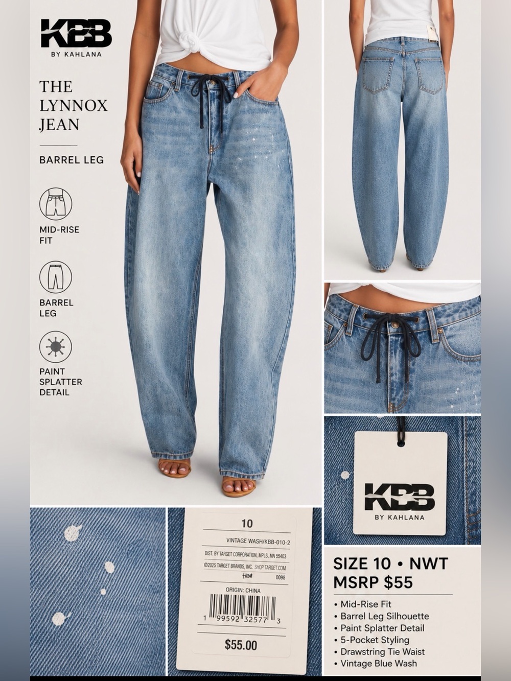 KBB by Kahlana Jean Women’s Barrel Leg Size 10 NWT Wash Paint Splatter